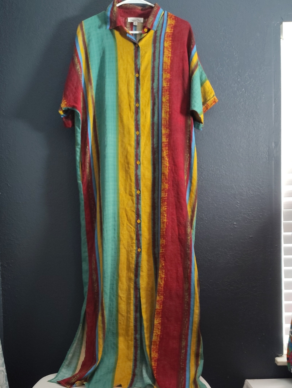 Dress Day Rainbow Striped Maxi Dress Button down  Kaftan Pockets Boho- Has Flaw*